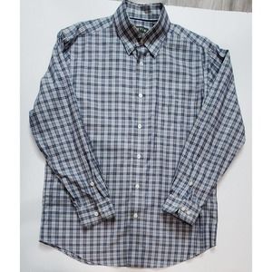 Orvis Mens Button Up Shirt Large Blue White Plaid Long Sleeve